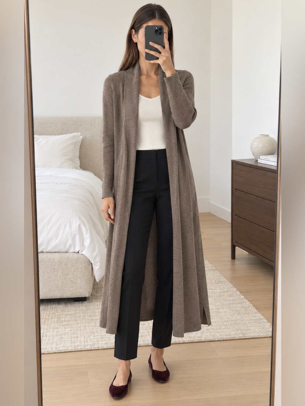Babaton Aritzia Merino Wool Long Open Front Duster Cardigan Taupe Brown XS